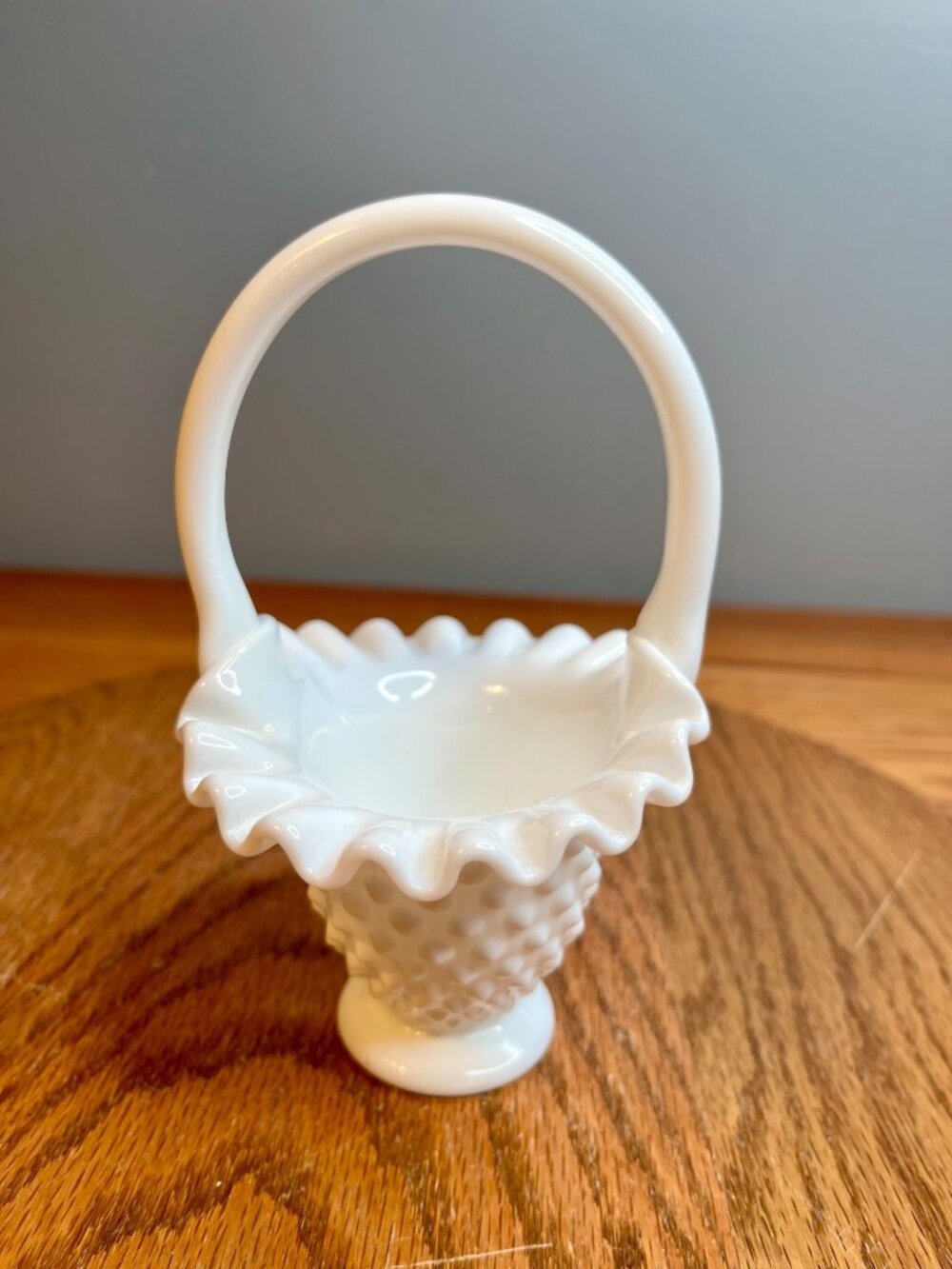Fenton Hobnail White Milk Glass Ruffled Basket with Handle